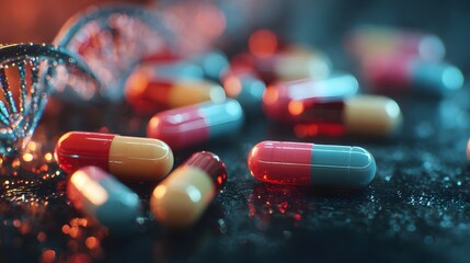 Close-up of Colorful Pharmaceutical Capsules Scattered on a Dark Surface.