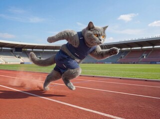 Grey Cat Sprinting on Track in Sports Outfit with Dynamic Motion