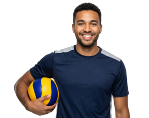 Smiling Young Adult Man in Athletic Wear Holding Volleyball on White Background