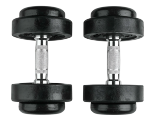 Two heavy, rubber-coated dumbbells with textured metal grips