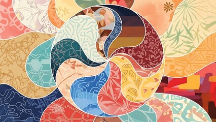 Abstract colorful swirl composition with decorative patterns and organic shapes creating vibrant artistic background for modern design branding illustration and creative visual projects