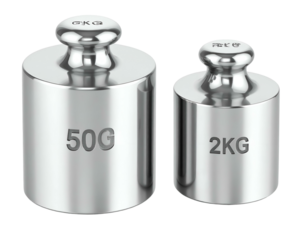 Two polished metal cylinders, one labeled 50g, the other 2kg