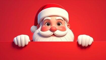 Jolly Santa Claus peeking behind red sign with cheerful expression