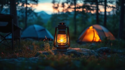 Glowing lantern illuminates a serene campsite at dusk with tents in the background