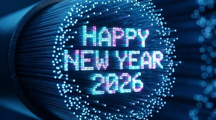 Global Connectivity: Macro Optical Fiber Bundle Tips Glowing Happy New Year 2026