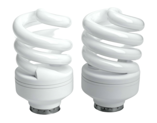 Two white compact fluorescent spiral light bulbs on display