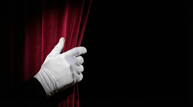 Hand in a white glove pulling back a luxury red velvet theater curtain on a dark stage. Concept for grand opening, premier performance, mystery reveal, and theatrical show entertainment.