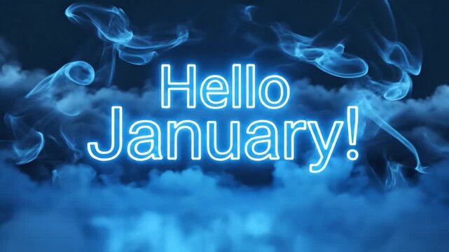 Hello January Neon Sign on Cloudy Sky Background Video.