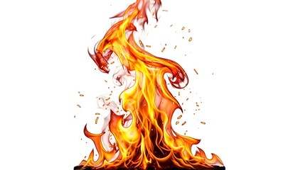 Dynamic and vibrant display of flame with detailed textures rising upward on white
