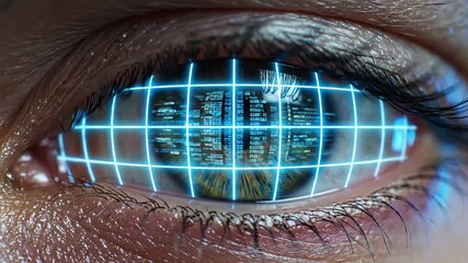 Human eye scanning digital data and glowing blue grid photography - Powered by Adobe