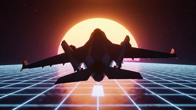 A low-poly futuristic jet aircraft silhouette, set against a retro sunset sky and grid landscape