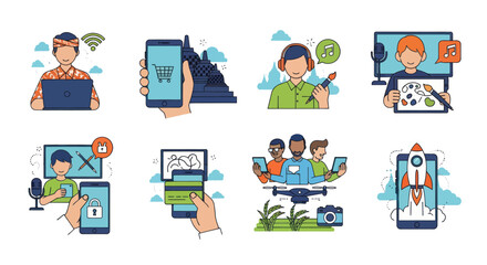 Diverse Digital Technology and Online Activity Flat Illustrations Set.