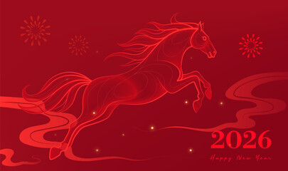 New Year blessing banner linear Year of the Horse illustration with red background