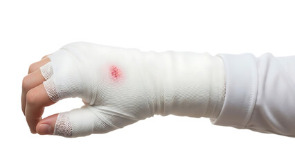 hand wrapped in white bandage with red spot