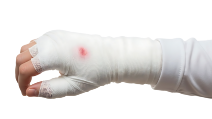 hand wrapped in white bandage with red spot
