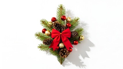 Festive fir arrangement with vibrant ornaments and a vivid crimson bow isolated on white background