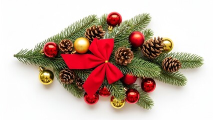 Festive holiday arrangement with pine boughs, ornaments, pinecones and red bow arranged on white