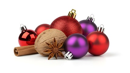 Festive holiday still life with christmas ornaments cinnamon stick walnut and star anise on a