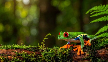 Vibrant red-eyed tree frog on mossy log in lush rainforest