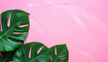 Obraz premium Vibrant pink background with green monstera leaves for tropical designs