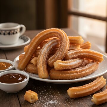 Golden Fried Churros with Chocolate and Caramel Dipping Sauce