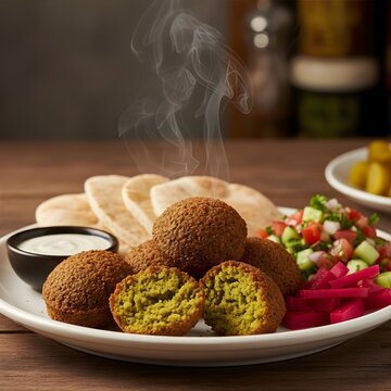 Middle Eastern Falafel Platter with Pita Bread and Fresh Salad