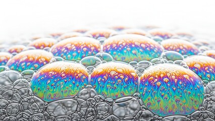 Mesmerizing iridescent soap bubble surface with intricate rainbow color patterns and structural