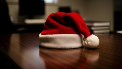 Santa's hat resting on a desk, a symbol of holiday cheer in an unexpected place