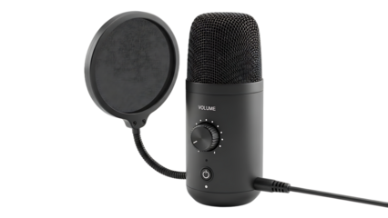 black microphone with pop filter and volume control