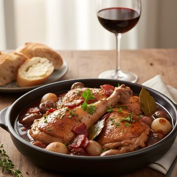 Classic French Coq au Vin with Red Wine Sauce, Mushrooms and Pearl Onions