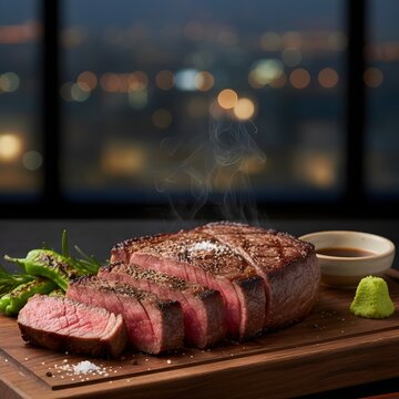 Premium Wagyu Beef Steak Medium Rare with Wasabi and Sea Salt
