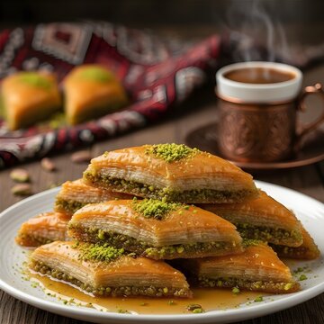 Sweet Turkish Baklava with Pistachios and Honey Syrup with Turkish Coffee