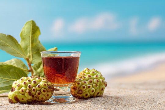 A vibrant tropical still life featuring exotic noni fruits and a glass of refreshing juice, set against a blurred background of a pristine sandy beach and turquoise ocean. The rough, green texture of 