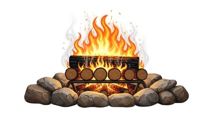 Vibrant camp fire burning brightly with smoke rising and surrounded by stones adding a cozy