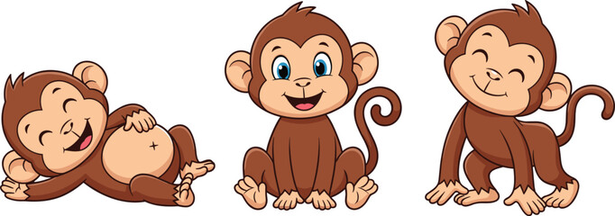 Cute baby monkey cartoon illustration set playful poses isolated vector design for kids education nursery decor children book animal characters © MdTajemul