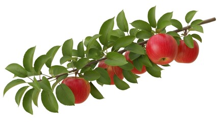 Vibrant red apples hang gracefully from a branch adorned with lush green leaves on a white