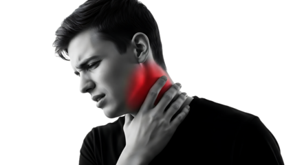 man with neck pain touching his sore neck muscles