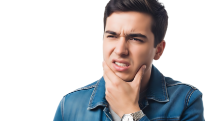 Young man with hand on chin looking worried or stressed