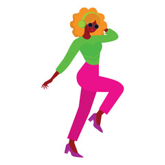 A Black woman, wearing headphones and neon clothing, dancing and listening to music.