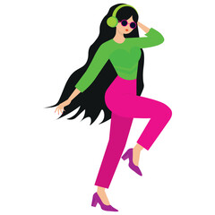 A woman with long hair, wearing headphones and neon clothes, dancing and listening to music.