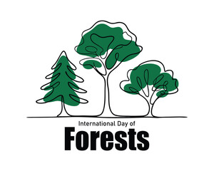 Obraz premium International Day of Forest vector background, banner, poster. Minimal one continuous line drawing of green trees. Forest day lettering