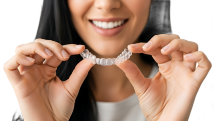 woman holding clear dental aligner in front of teeth