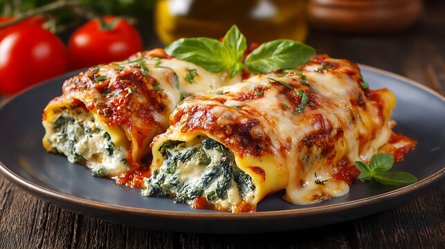Close up of two servings of spinach and ricotta cannelloni on a plate with tomato and basil garnish