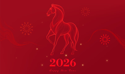 Red background New Year celebration banner linear Year of the Horse illustration