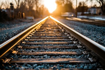 Fototapeta premium Train Tracks Converging Towards Horizon at Sunset with Soft Golden Light