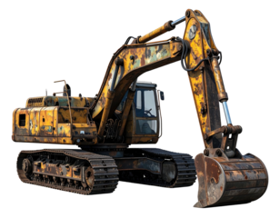 Rusty, old, yellow excavator with treads and hydraulic arm