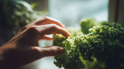 fresh greens hand touch, natural food lifestyle closeup, organic vegetable wellness concept
