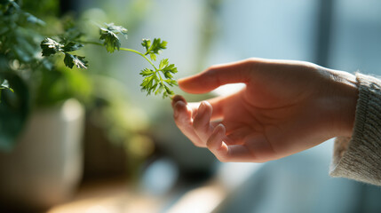 fresh greens hand touch, natural food lifestyle closeup, organic vegetable wellness concept
