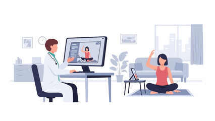 Fototapeta premium A doctor guides a woman through a yoga session via video call in a serene office environment