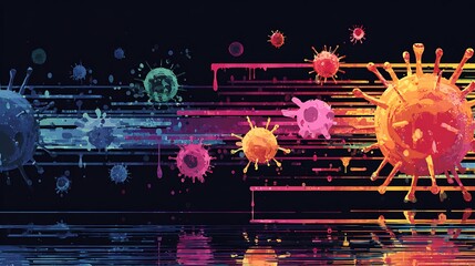 Vibrant digital illustration of various colorful virus cells with spiky protrusions on a dark background with streaks of light, representing disease, health, and science